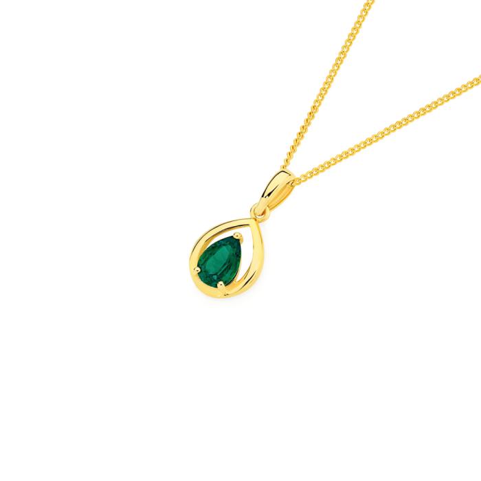 9ct Gold Created Emerald Open Pear Pendant.
