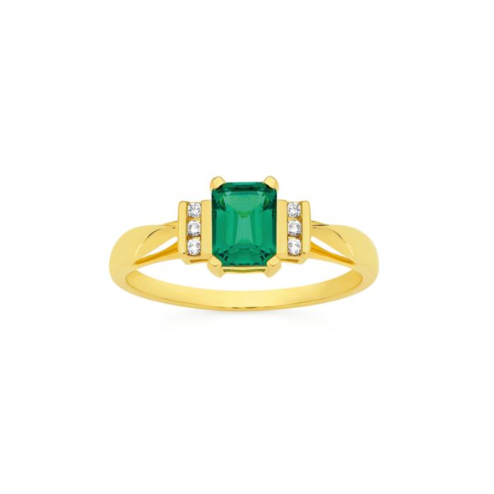 9ct Gold Created Emerald & Diamond Shoulder Ring
