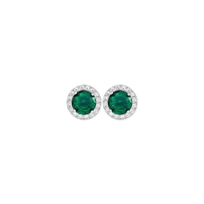 Silver Green & CZ Halo Stud Earrings