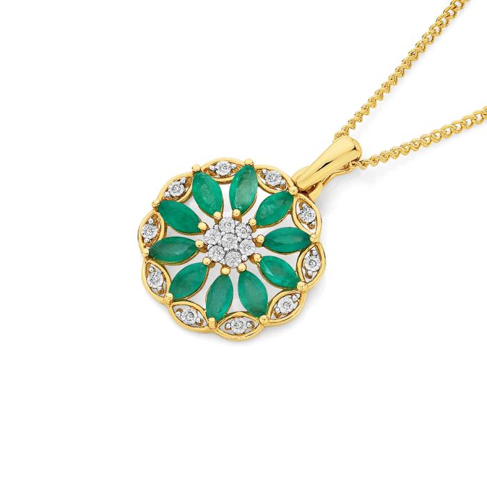 9ct Gold Emerald & Diamond Wreath Flower Pendant