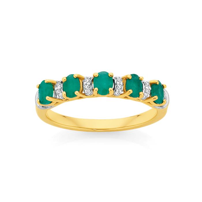9ct Gold Natural Emerald & .10ct Diamond Band