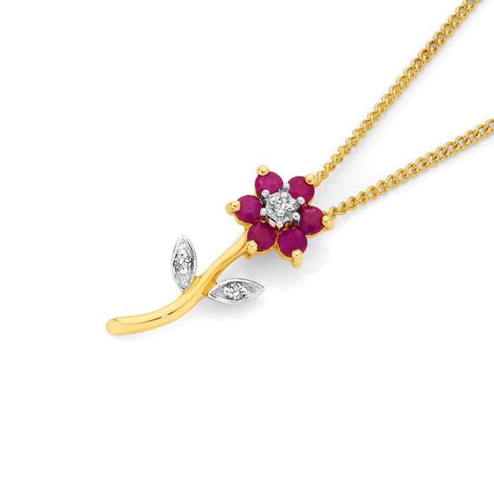 9ct Gold Ruby & Diamond Flower Pendant