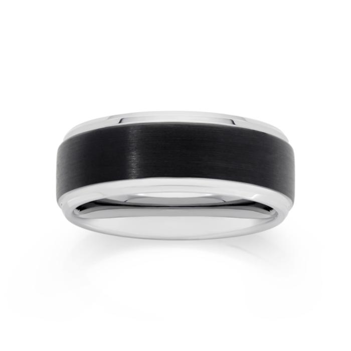 M+Y Tungsten Carbide Matte Black & Sterling Silver Plate Edge Men's Ring