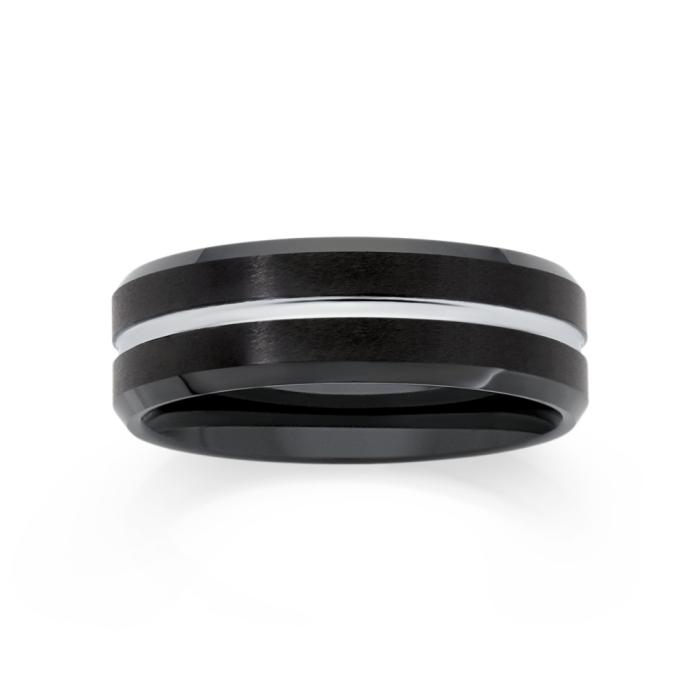 M+Y Tungsten Carbide Black & Sterling Silver Plate Line Men's Ring