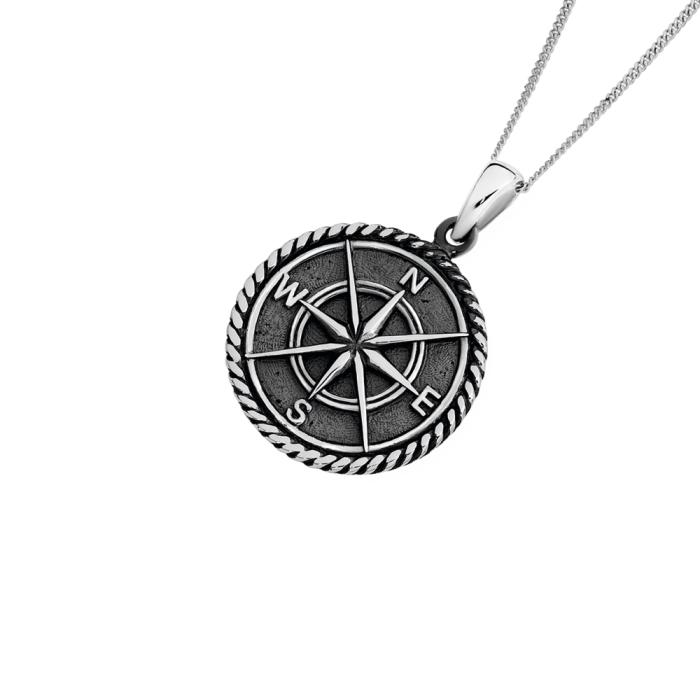 Sterling Silver 23Mm Rope Edge Oxidised Compass Men's Pendant