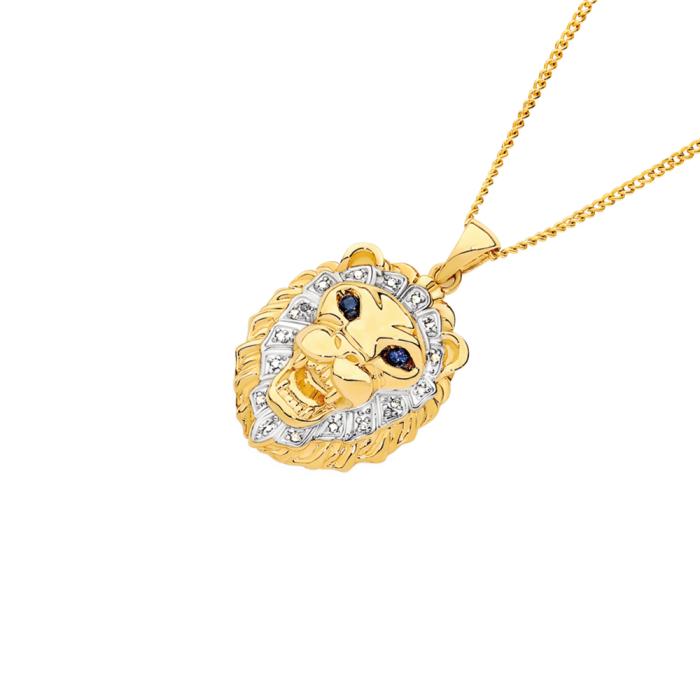 9ct Gold Natural Sapphire Eyes Lion Head Men's Pendant