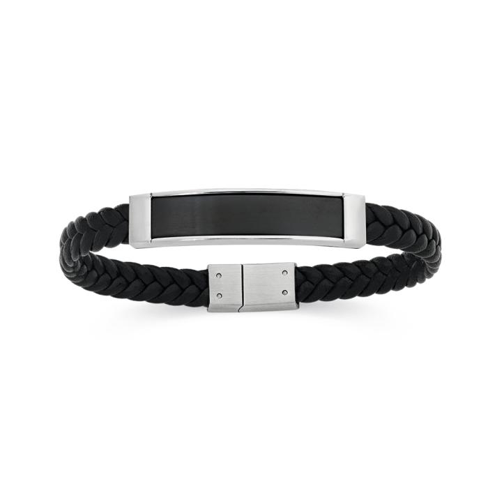 M+Y Stainless Steel 21cm Leather Plait Identity Men's Bracelet