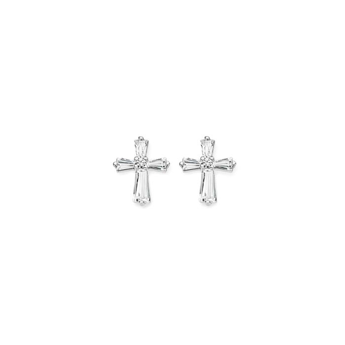 Sterling Silver Tapered Baguette Cubic Zirconia Cross Stud Earrings
