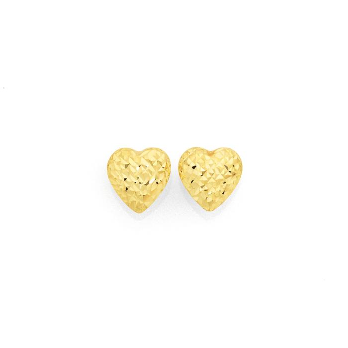9ct Gold 8mm Diamond-Cut Domed Heart Stud Earrings