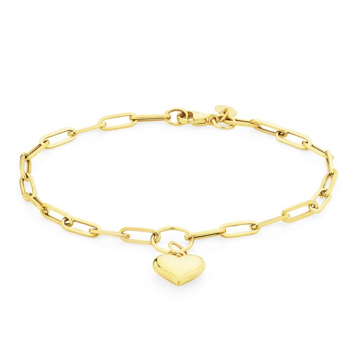 9ct Gold 18.5cm Paperclip with Heart Charm Bracelet