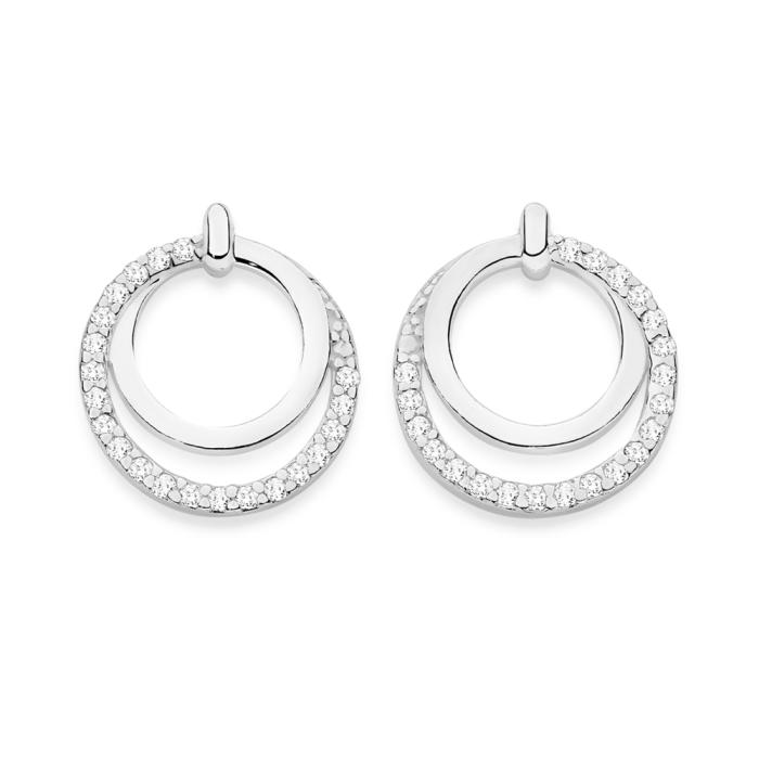 Silver CZ & Plain Circles Stud Earrings