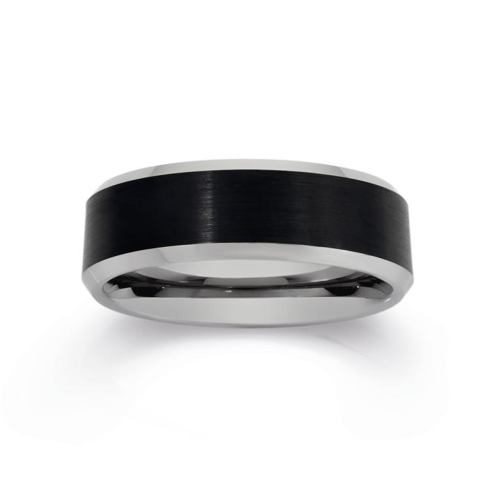 Tungsten Carbide Matt Black Sterling Silver Bevelled Gents Edge Ring