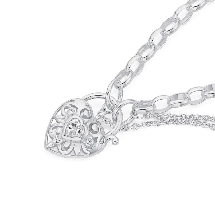 Sterling Silver 19cm Belcher with Cubic Zirconia Heart Padlock