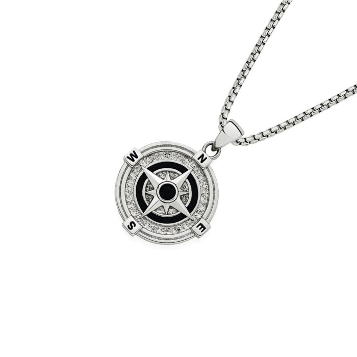 Stainless Steel Black Agate Oxidised Round Gents Compass Pendant