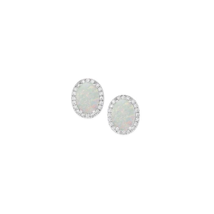Sterling Silver Cubic Zirconia & Created Opal Oval Halo Studs