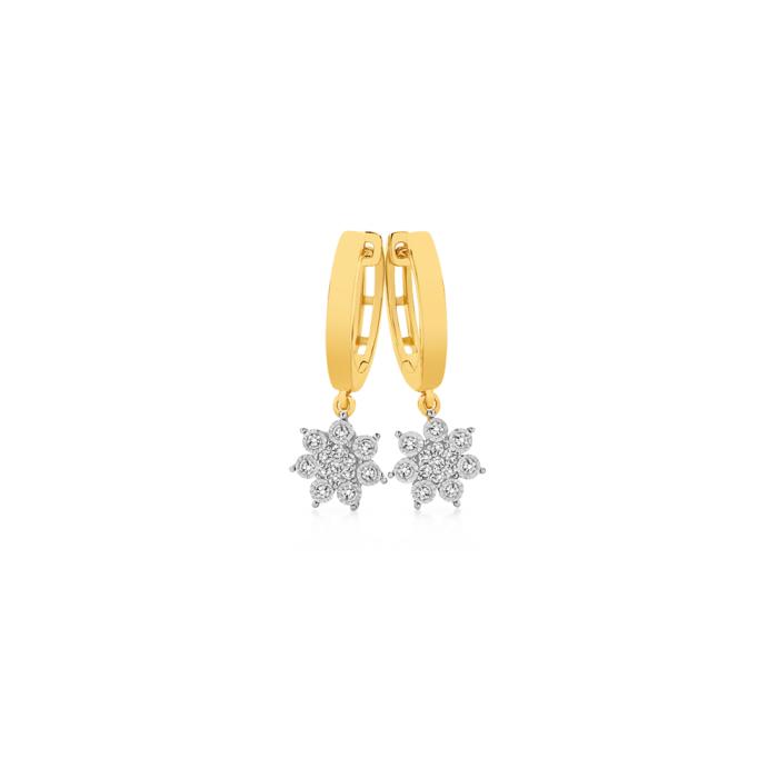 9ct Gold Diamond Flower Cluster Drop Hoop Earrings