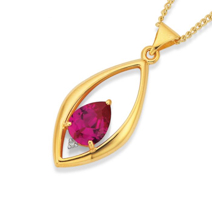 9ct Gold Created Ruby & Diamond Pendant