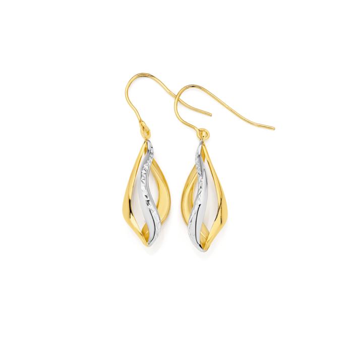 9ct Gold Two Tone 15mm Open Swirl Drop Earrings