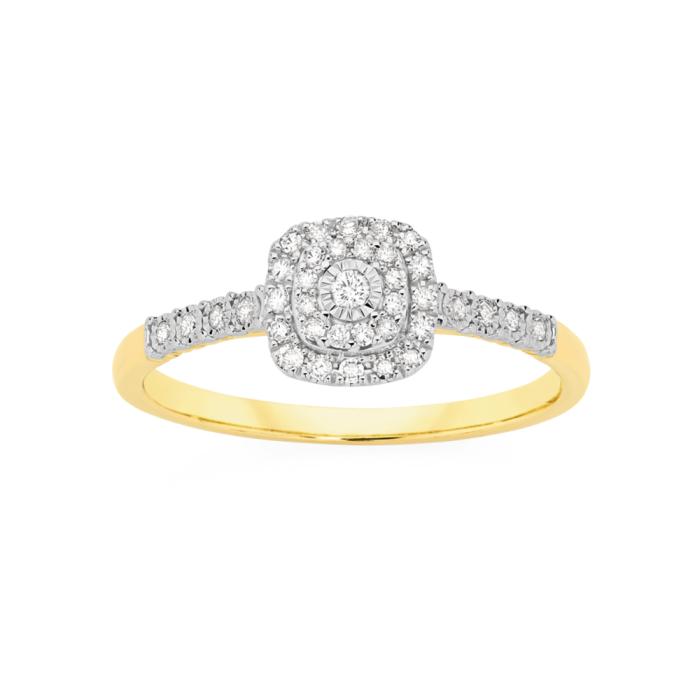 9ct Gold Diamond Cushion Shape Cluster Ring