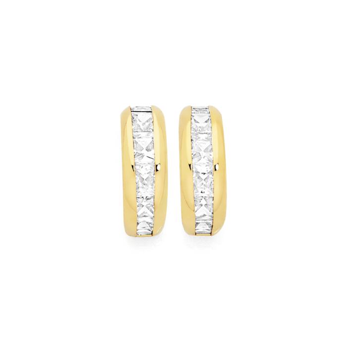 9ct Gold Cubic Zirconia Channel Half Hoop Stud Earrings