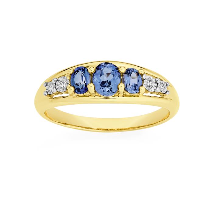 9ct Gold Created Sapphire & Diamond Oval Cut Trilogy Ring
