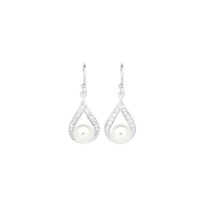 Sterling Silver Cultured F/W Pearl Cubic Zirconia Open Pear Drop Earrings