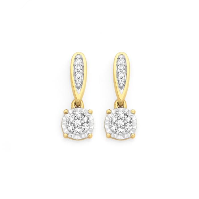 9ct Gold Diamond Cluster Drop Stud Earrings
