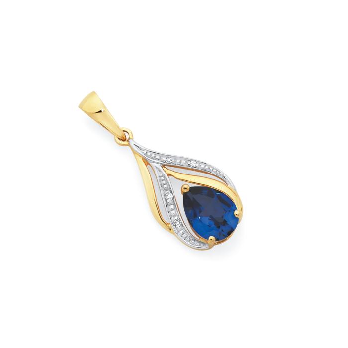 9ct Gold Created Sapphire & Diamond Pear Teardrop Pendant
