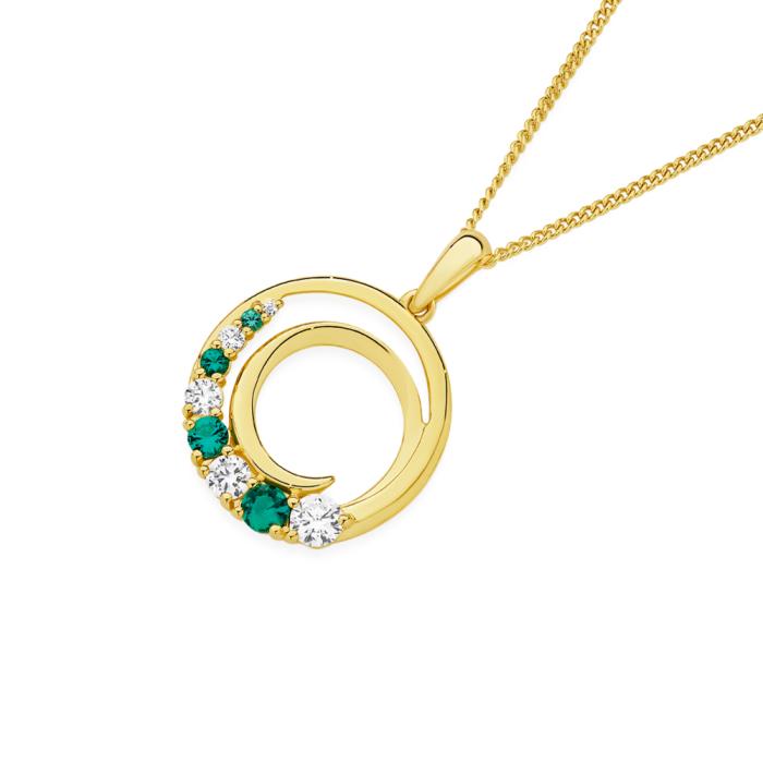 9ct Gold Created Emerald & Cubic Zirconia Circle Pendant