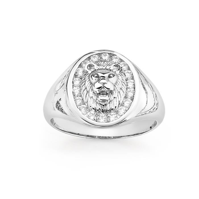 Sterling Silver Cubic Zirconia Surround Lion Head Oval Signet Men's Ring