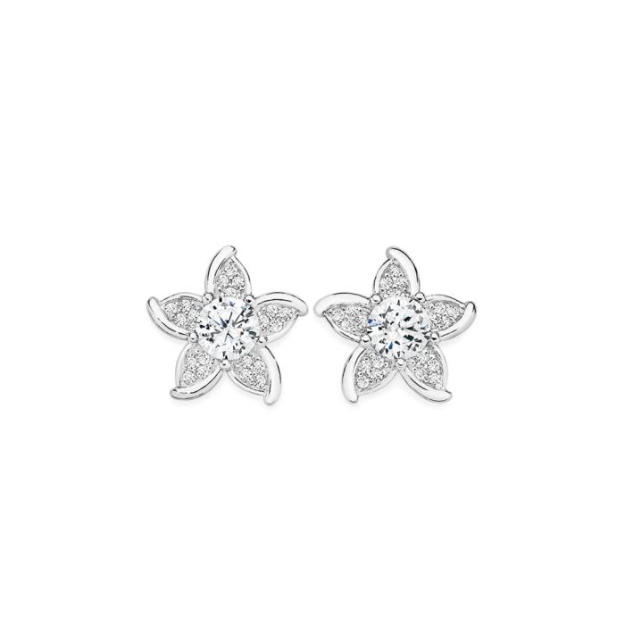 Sterling Silver Cubic Zirconia & Petal Flower Studs