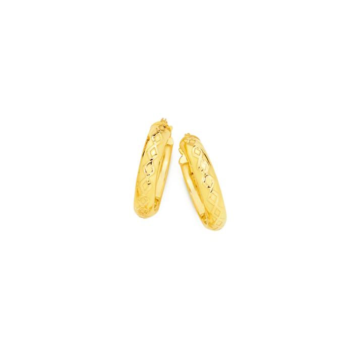9ct Gold 4x15mm Patterned Hoop Earrings