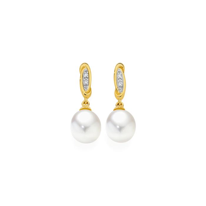 9ct Gold Cultured Freshwater Pearl & Diamond Drop Stud Earrings