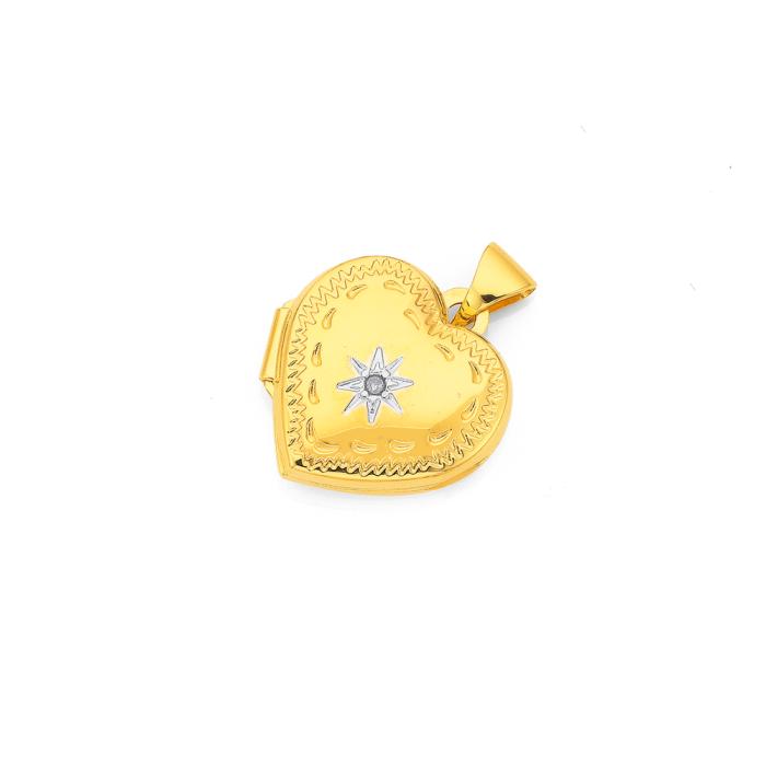 9ct Gold Two Tone 15mm Diamond Set Engraved Edge Locket