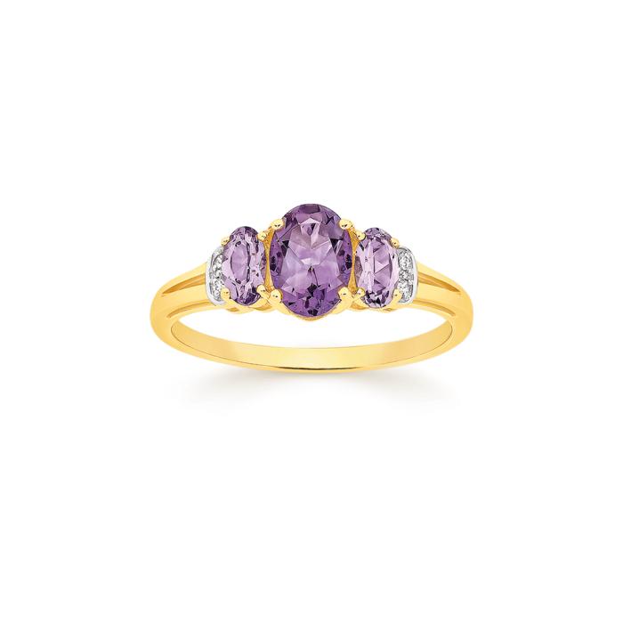 9ct Gold Pink Amethyst & Diamond Oval Cut Trilogy Ring