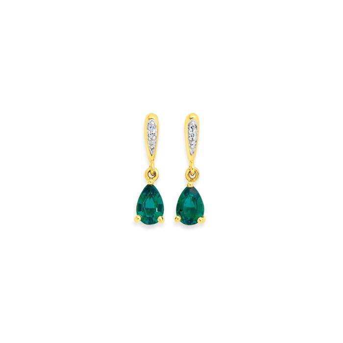9ct Gold Created Emerald & Diamond Earrings
