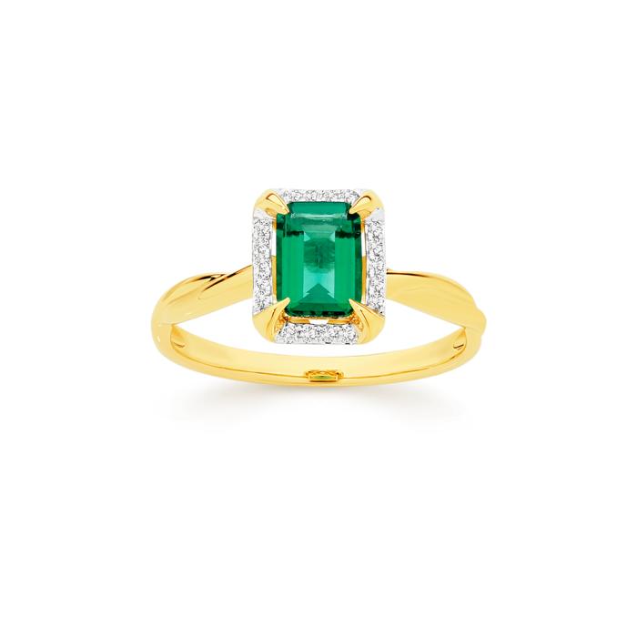 9ct Gold Created Emerald & Diamond Ring