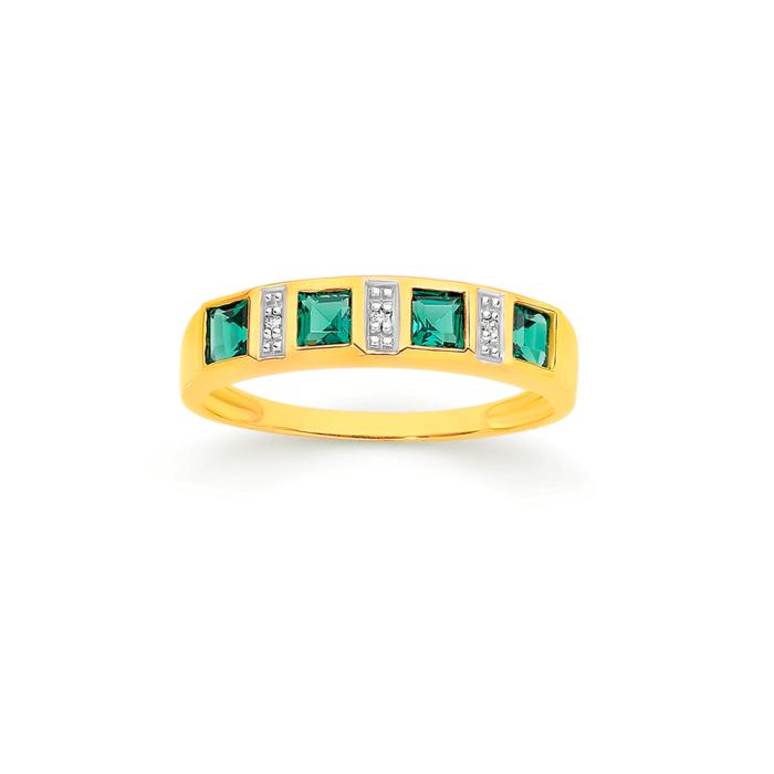 9ct Gold Created Emerald & Diamond Band