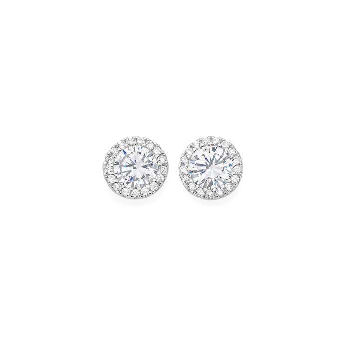 Sterling Silver Sml Cubic Zirconia Halo Studs w/ Heart Detail