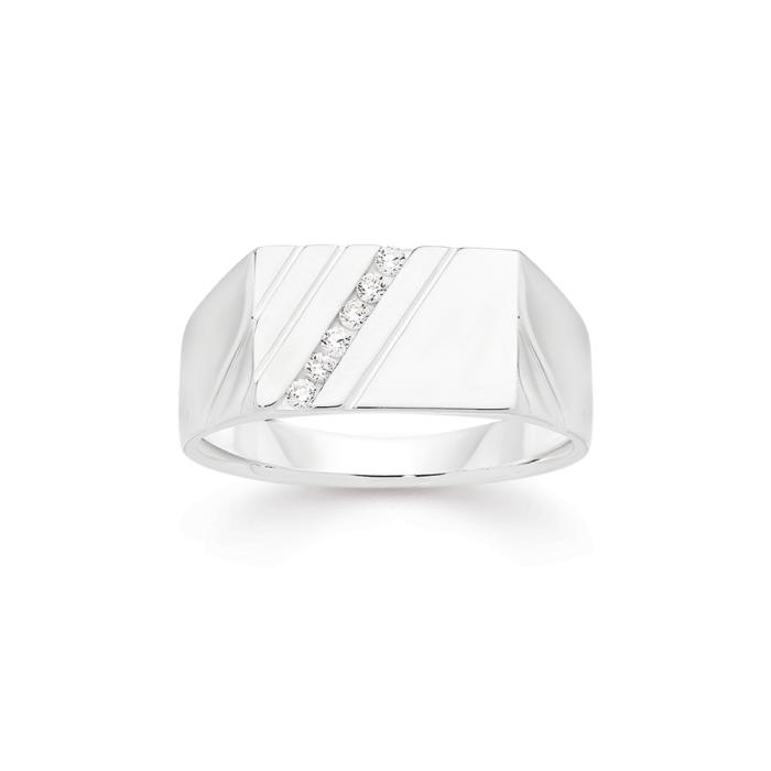 Silver Cubic Zirconia Diagonal Line Men's Ring