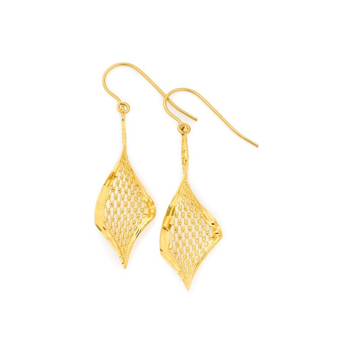 9ct Gold Kite Shape Mesh Diamond-Cut Edge Hook Drop Earrings