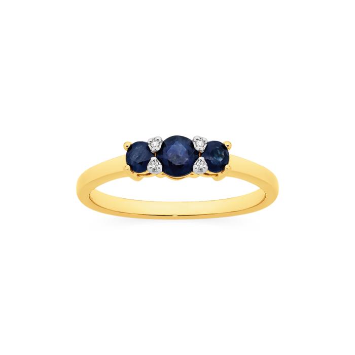 9ct Gold Natural Sapphire & Diamond Trilogy Ring