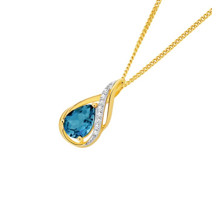 9ct Gold London Blue Topaz & Diamond Slider Pendant