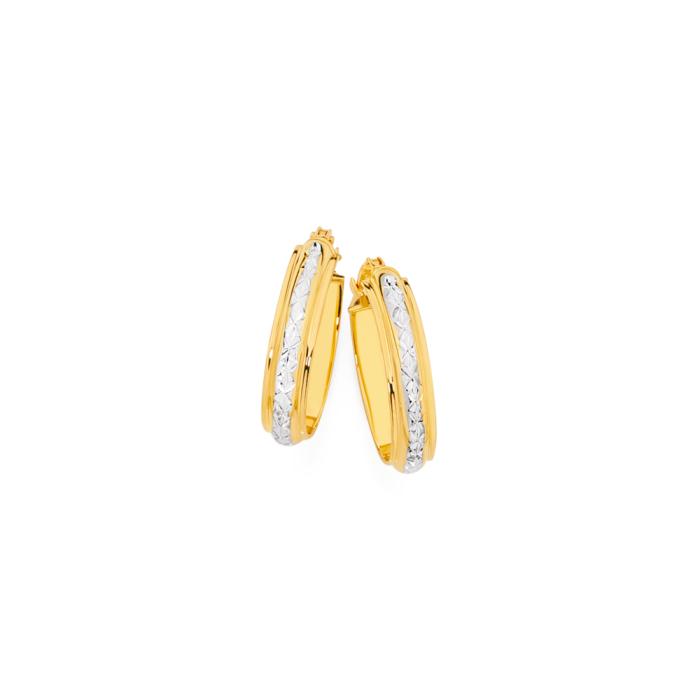 9ct Gold Two Tone 12mm Diamond-Cut Centre Oval Hoop Earrings