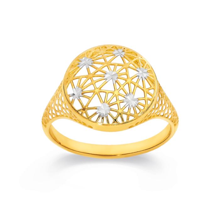 9ct Gold Two Tone Diamond Cut Lattice Round Dome Ring