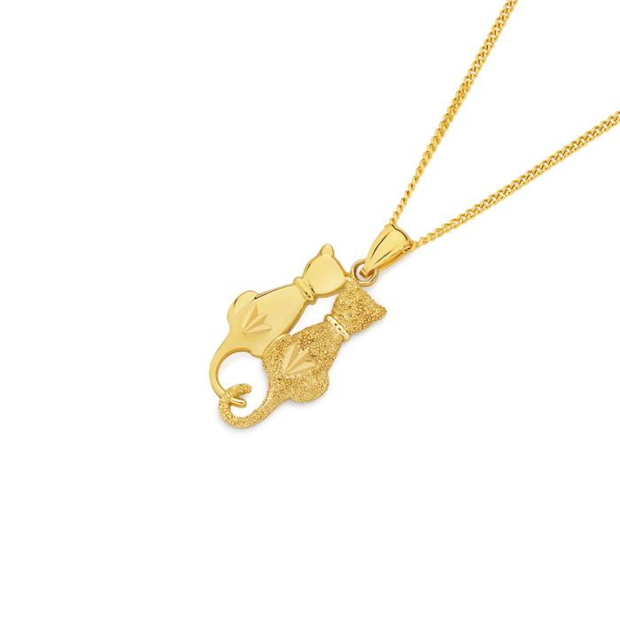 9ct Gold Polished & Stardust Twin Cats Pendant