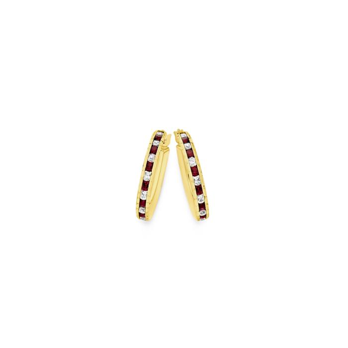 9ct Gold Created Ruby & Cubic Zirconia Hoops