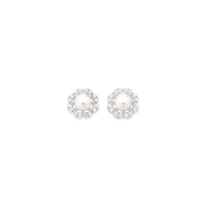 Sterling Silver Pearl & Cubic Zirconia Flower Stud Earrings