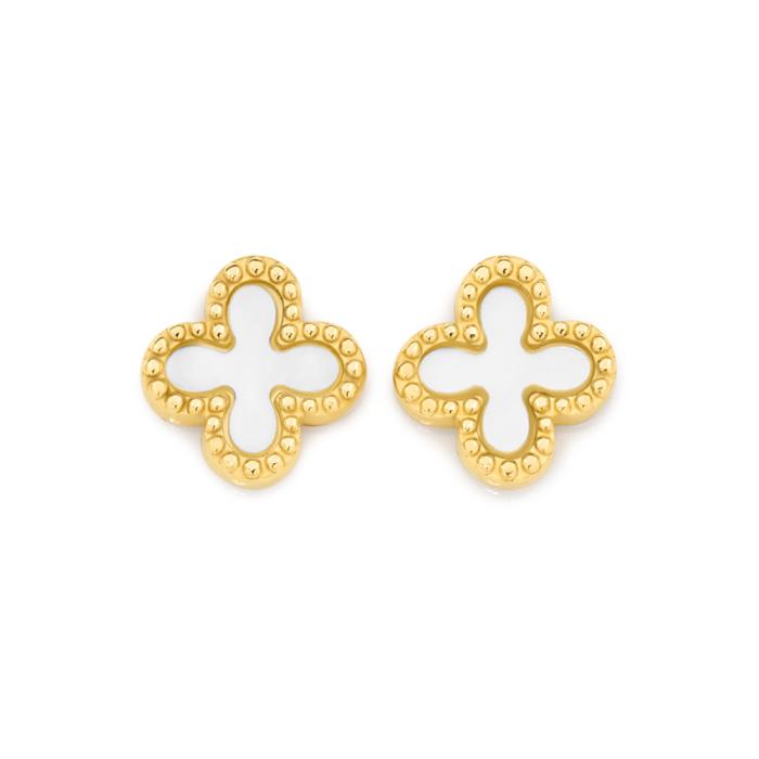 9ct Gold Mother of Pearl Clover with Milgrain Boarder Stud Earrings