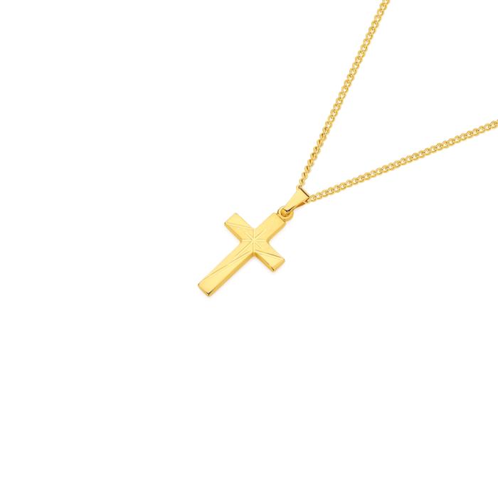 9ct Gold 18mm Matte & Polish Lined Star Center Cross Pendant